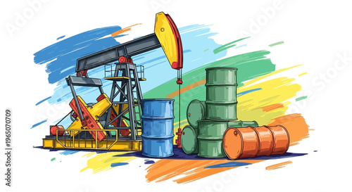 Oil pump jack with barrels, illustration of energy industry and natural resources