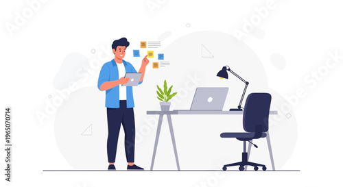 Man planning on sticky notes and tablet in modern office workspace