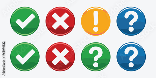 Collection of eight glossy round icons: check, cross, exclamation, and question marks.
