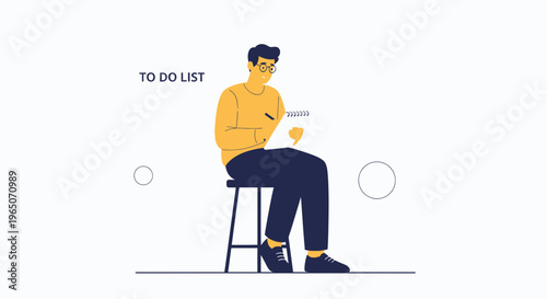 Man sitting on stool writing to do list in notebook, planning tasks, productivity concept