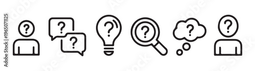 Question mark silhouette icons with human head speech bubble and light bulb for support faq.