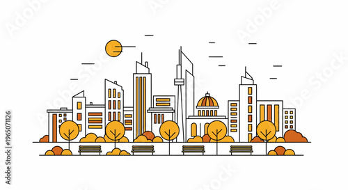 City skyline with tall buildings.