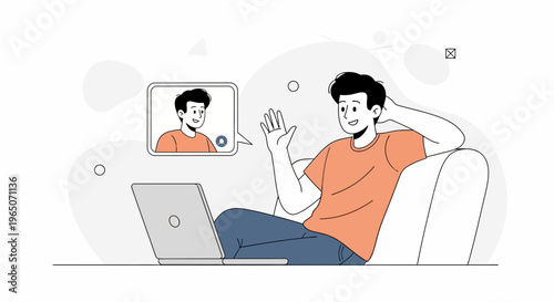 Man waving hello during video call on laptop, remote communication concept