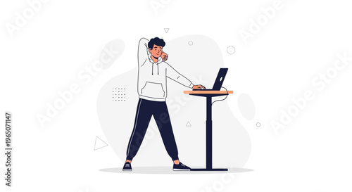 Man Stretching at Standing Desk with Laptop, Healthy Workspace Concept