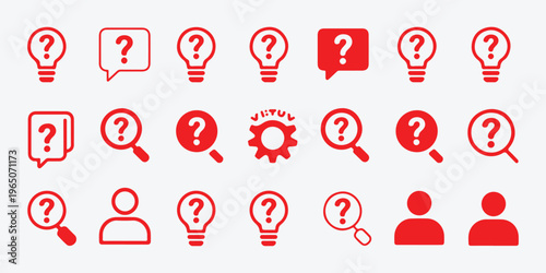 Red question mark vector icon set. support, idea, search, person, gear symbols in red colors.