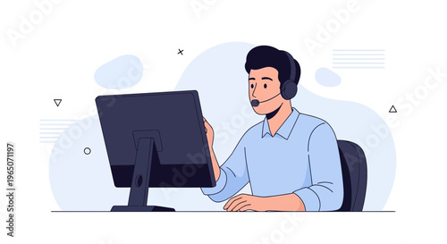 Customer service agent with headset working on computer, flat illustration