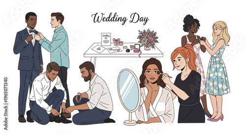 Diverse Wedding Day Preparations: Groom Dressing, Bride Makeup, Bridal Party Assistance