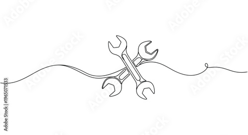 Crossed Wrenches Tool Illustration, Continuous Line Art