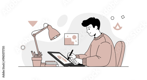 Young Artist Drawing on Digital Tablet with Desk Lamp and Books