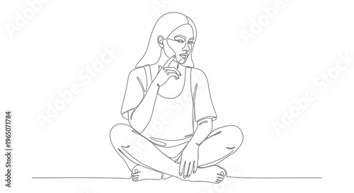 Woman Sitting in Lotus Pose, Thinking, Line Art