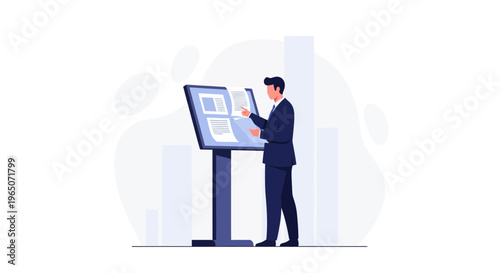 Businessman interacting with digital kiosk screen, modern office background