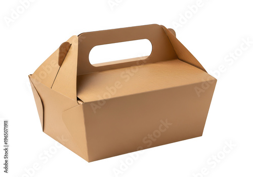 A small brown cardboard takeout box with a convenient integrated handle for carrying food items