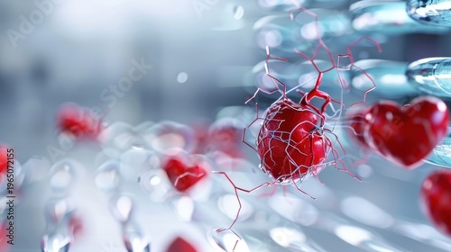 Abstract representation of broken heart with red elements surrounded by shiny silver tubes and droplets in a soft focus background