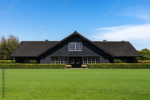 Grand dark building with classic architecture overlooks a pristine green lawn