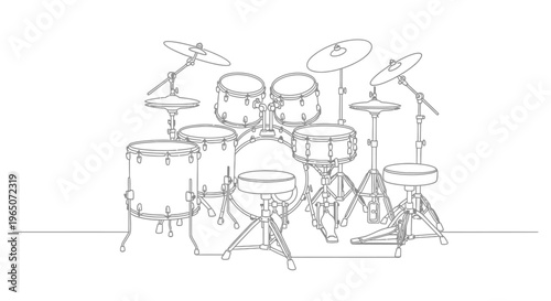 Drum Set Line Drawing, Musical Instrument for Rock and Jazz