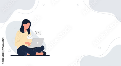 Woman working on laptop, receiving email notification, flat design illustration