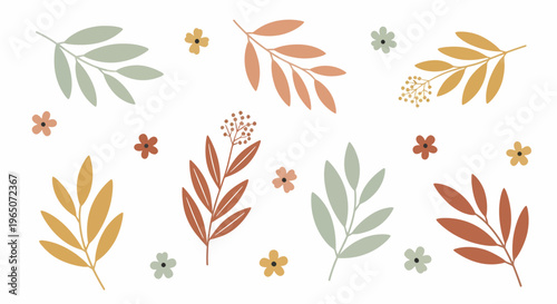 Colorful autumn leaves and small flowers.