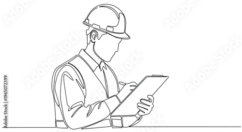Engineer with Hard Hat and Clipboard, Construction Line Drawing