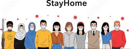 Diverse group of people wearing protective face masks with stay home text for healthcare public safety pandemic awareness and community health protection.