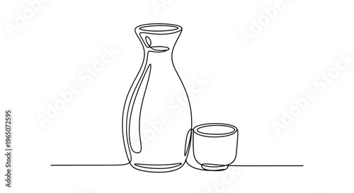 Sake Bottle and Cup Line Drawing, Japanese Tradition