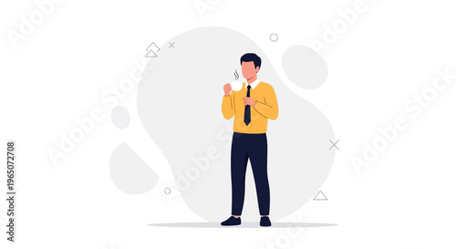 Man in Yellow Shirt and Tie Coughing, Feeling Sick, Isolated on White Background