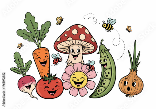 Colorful cartoon smiling vegetable mushroom.