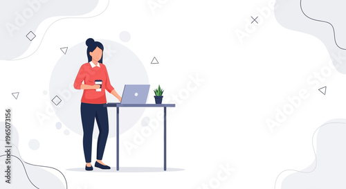 Woman with Coffee and Laptop at Desk, Modern Office Workspace, Minimalist Design
