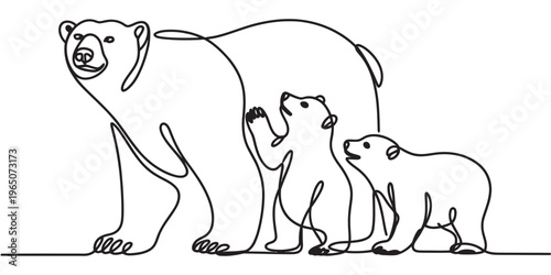 A single continuous line drawing of a mother polar bear walking with her two small playful cubs Vector, illustration
