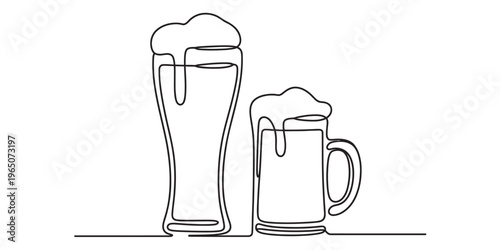 Continuous single line drawing of two different glasses filled with beer and frothy white foam Vector, illustration