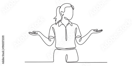 A single continuous line drawing of a woman in a casual shirt shrugging her shoulders in confusion Vector, illustration