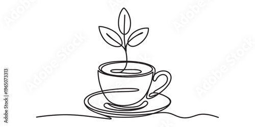 A minimalist single line drawing of a simple ceramic coffee cup with a sprout growing from it. Vector, illustration