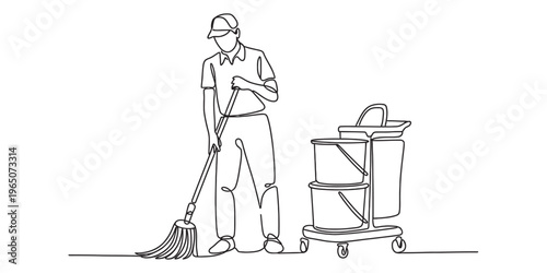Continuous line drawing of a janitor cleaning the floor with a mop and a mobile bucket cart unit Vector, illustration