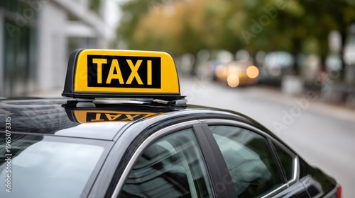 Black taxi cab sign standing on urban street