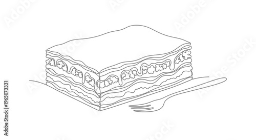 Lasagna Slice with Fork, Line Art Illustration, Italian Food