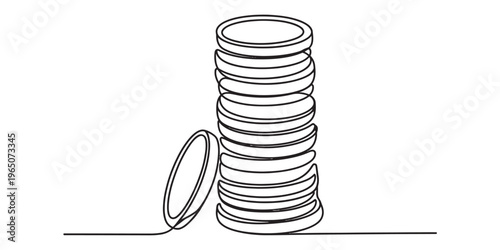 A continuous line drawing of a stack of coins and a single coin resting beside the main pile Vector, illustration