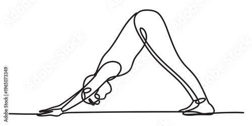 Minimalist continuous line drawing of a person practicing the downward facing dog yoga posture Vector, illustration