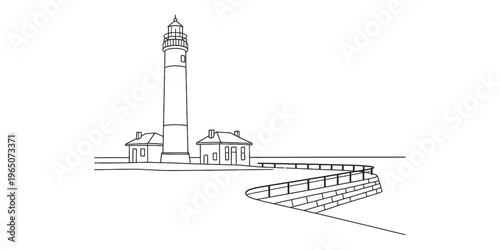 A simple black and white line drawing of a tall lighthouse with small buildings on the coastline Vector, illustration