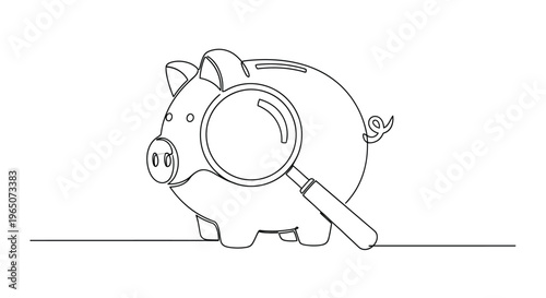 Piggy Bank with Magnifying Glass, Line Art, Finance Research