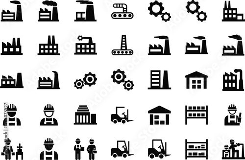 Industrial manufacturing vector icon set featuring factory buildings gears conveyor belts forklifts and workers in safety helmets for logistics and production branding.