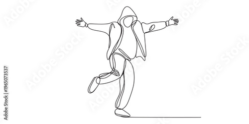 A single continuous line drawing of a joyful person wearing a hoodie jumping with arms wide open Vector, illustration