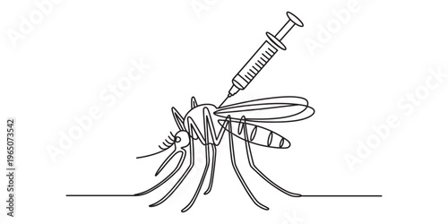 A simple black and white line drawing of a mosquito being injected with a medical syringe tool Vector, illustration