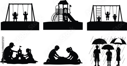 Set of black childhood silhouettes including children playing on swings, sliding at playground, building sandcastles, and walking with umbrellas in the rain on white background.