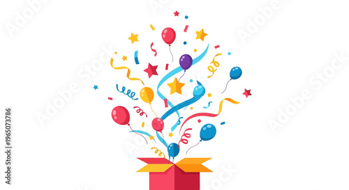 Colorful illustration of a red gift box with a yellow ribbon, exploding with balloons, stars, and confetti on a white background, symbolizing April Fools' Day annual tradition of spreading