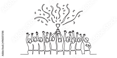 A team of happy people celebrating a victory by holding up a trophy with confetti falling down Vector, illustration
