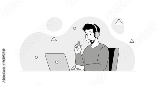 Man with headset and laptop, online support, remote work, flat illustration style