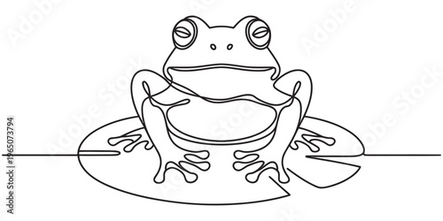 A minimalist single line drawing of a small frog perched calmly on top of a flat lily pad leaf Vector, illustration