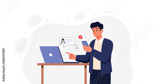Man using smartphone and laptop, receiving notification, online communication concept