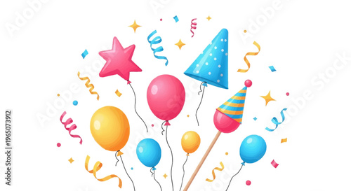 Colorful illustration of party objects, including balloons, a star, and confetti, against a white background, symbolizing April Fools' Day and annual traditions of spreading harmless hoaxes