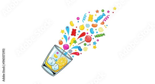 Colorful illustration of a glass with confetti and stars bursting out, symbolizing April Fools' Day prank or joke, on a white background, conveying a playful mood with vibrant hues.