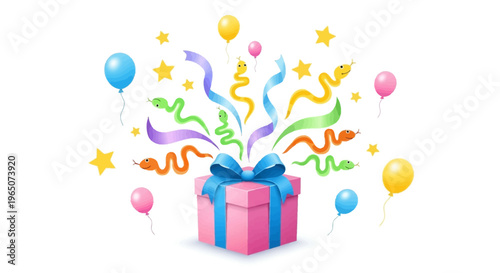 A colorful illustration of a pink gift box with blue ribbon and bow, surrounded by balloons, streamers, and stars on a white background, symbolizing an April Fools' Day celebration or